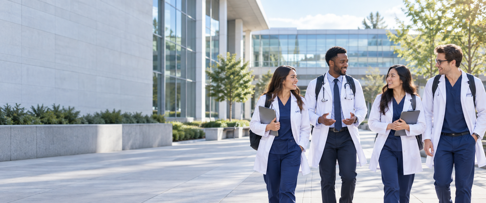 Medical students walking across a campus