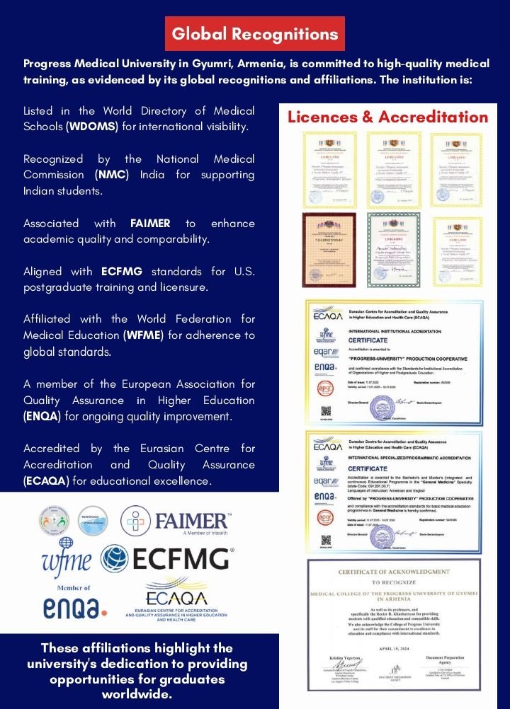 Supplied Progress Medical University recognition artwork with certificates and logos